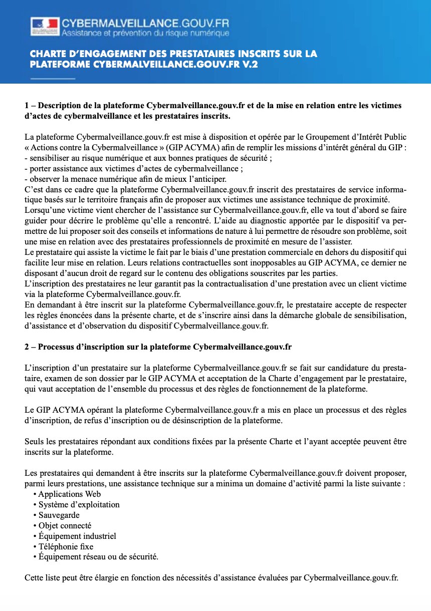 La charte d'engagement des professionnels en sécurité informatique référencés par Cybermalveillance.gouv.fr