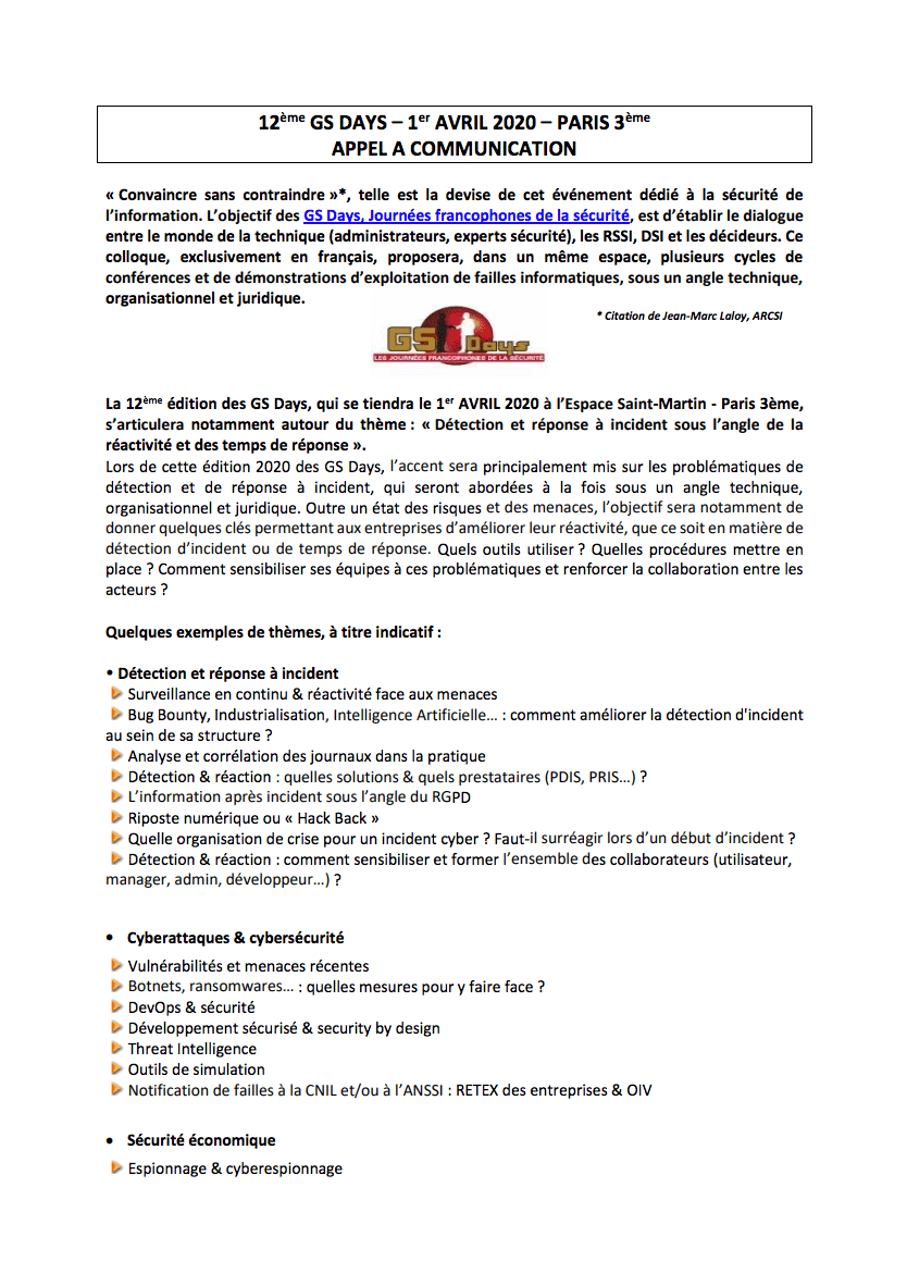 GS Days 2020 : Appel à communication