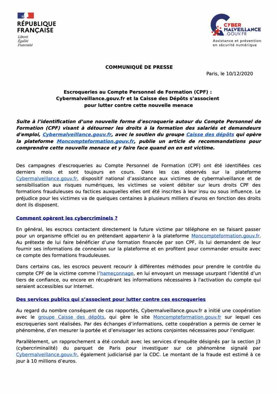 Communiqué du 10 décembre 2020