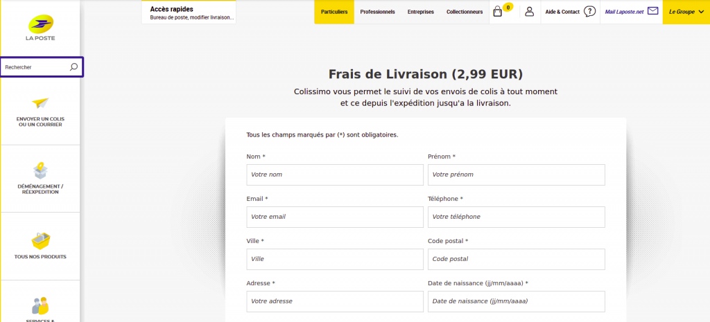 Pagină frauduloasă în culorile grupului La Poste cu cerere pentru