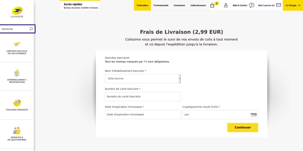 Page frauduleuse aux couleurs du groupe La Poste avec demande d'informations bancaires