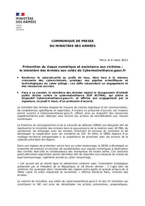 Retrouvez le communiqué de presse du ministère des Armées du 4 mars 2021