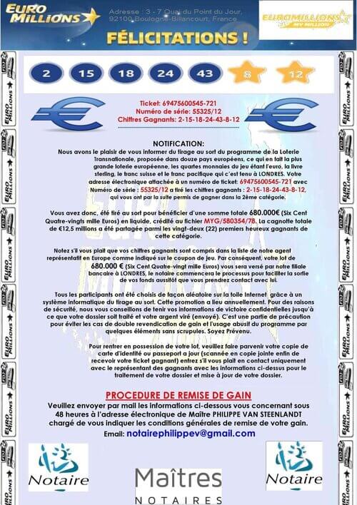 Message frauduleux aux couleurs du jeu EuroMillions – MyMillion