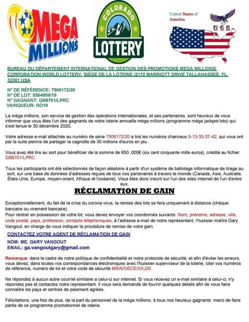 Message frauduleux aux couleurs de la loterie Mega Millions (loto version américaine)