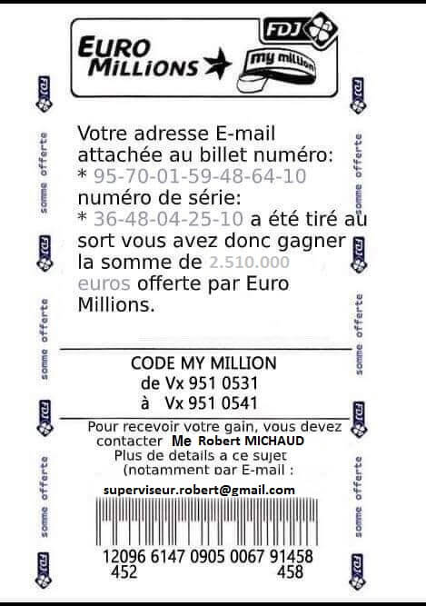 Faux ticket gagnant aux couleurs du jeu de loterie EuroMillions – MyMillion