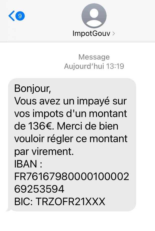 Exemple de SMS frauduleux demandant le règlement d’un impayé