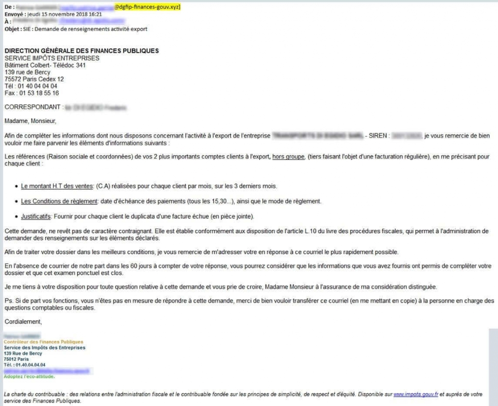 Fausse demande d'informations professionnelles à des entreprises