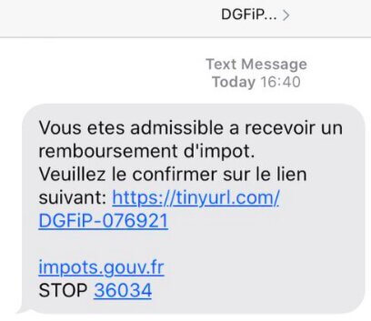 Exemple de message (SMS) malveillants annonçant un remboursement 