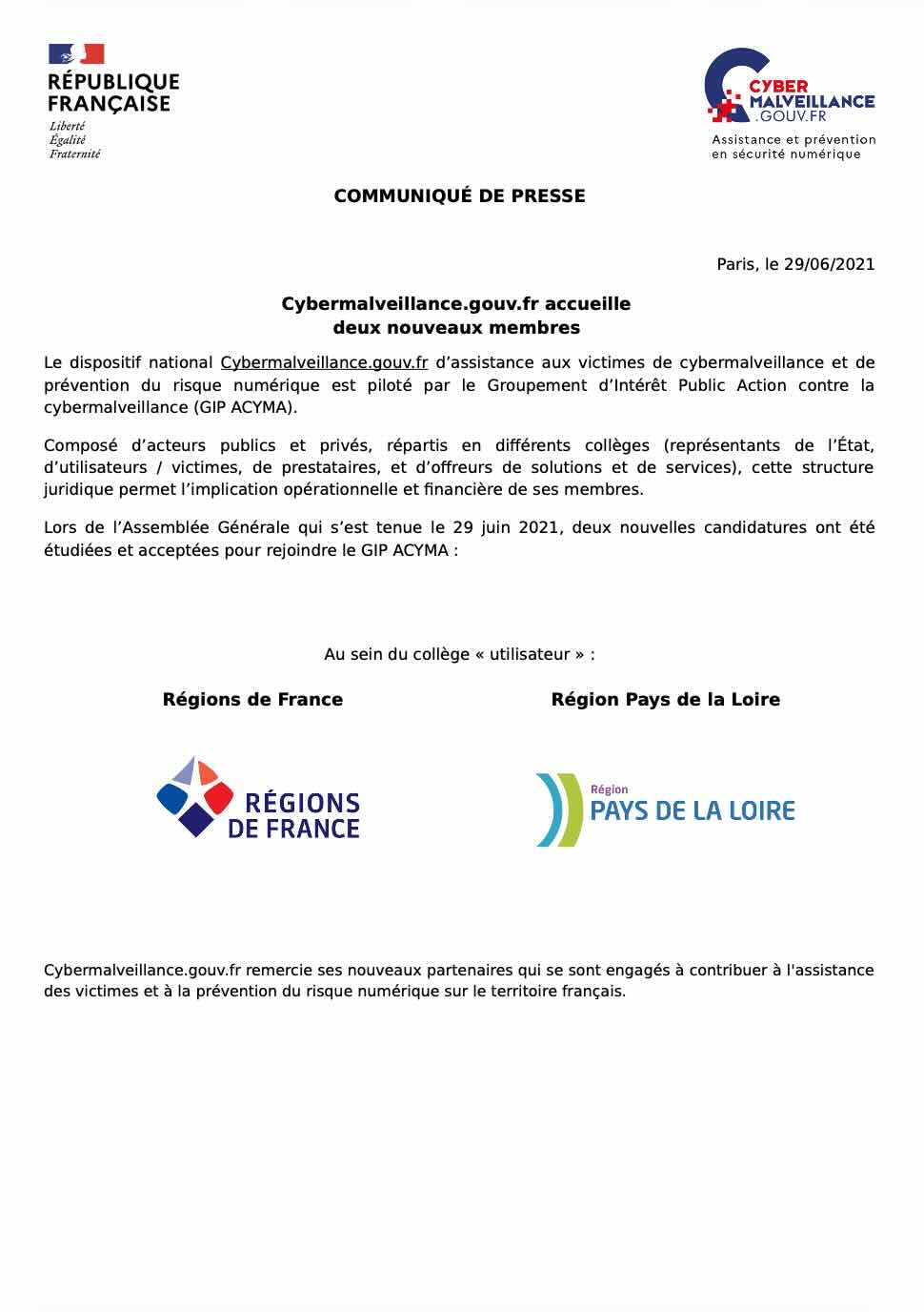 Communiqué 29/06/2021