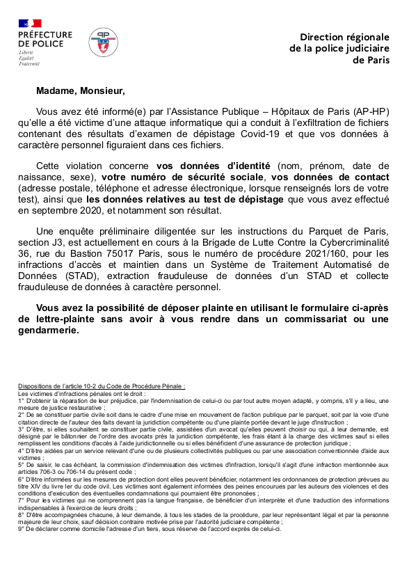 BL2C – lettre plainte SI-DEP AP-HP
