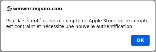 Message malveillant d'alerte pour les téléphones sous Apple iOS : "Pour la sécurité de votre compte de Apple Store, votre compte est contraint et nécessite un nouvelle authentification"