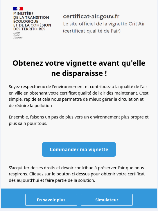 Mail de phishing Crit'Air