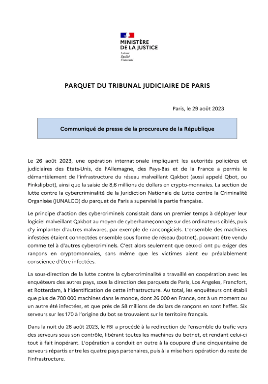 Communiqué de presse du parquet du Tribunal judiciaire de Paris