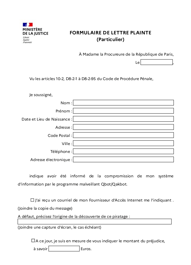 Lettre plainte électronique Qakbot (Particulier)