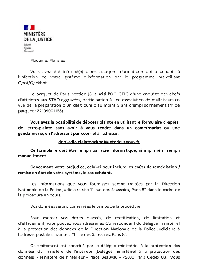 Notice d’information sur la lettre plainte électronique Qakbot