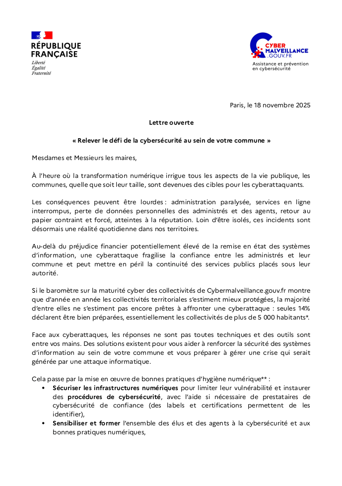 Lettre ouverte - « Relever le défi de la cybersécurité au sein de votre commune »