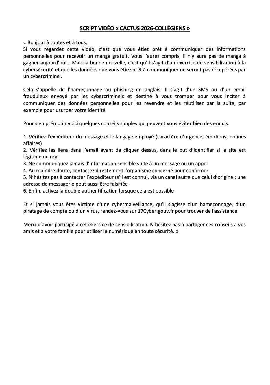 Script vidéo – Campagne Cactus pour les collégiens