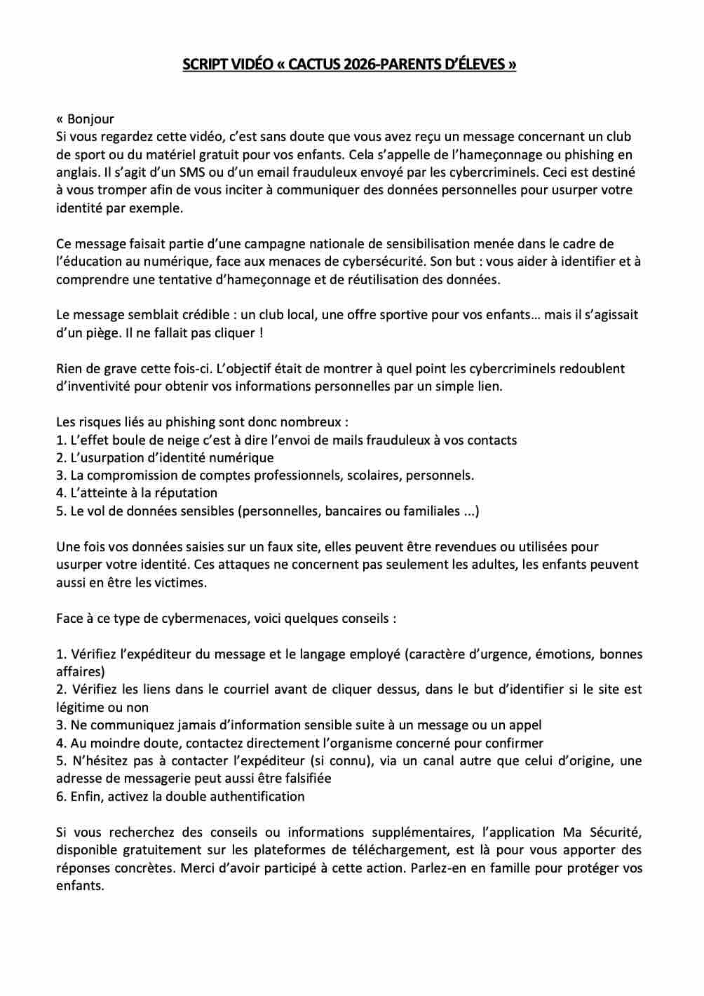 Script vidéo parents d'élèves