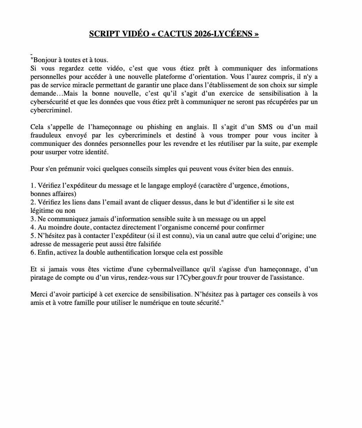Script vidéo – Campagne Cactus pour les lycéens
