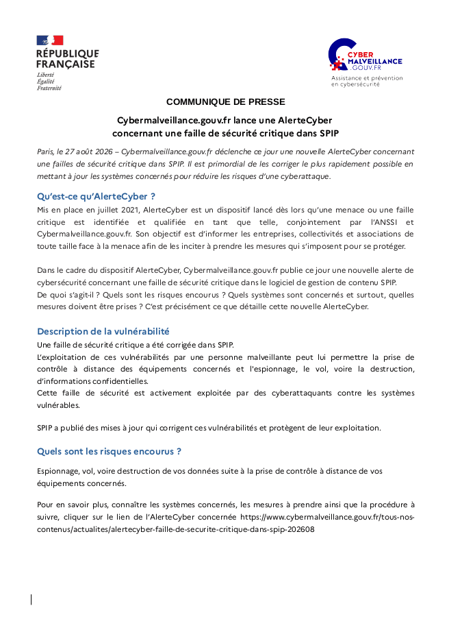 Communiqué 27/08/2026
